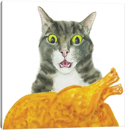Tabby Cat And Fried Chicken Canvas Art Print - Alexey Dmitrievich Shmyrov