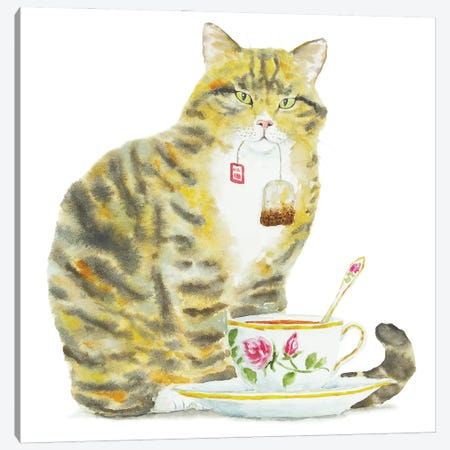 Tabby Cat And Tea Canvas Print #AXS69} by Alexey Dmitrievich Shmyrov Canvas Wall Art