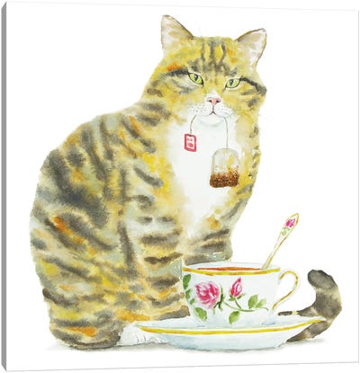 Tabby Cat And Tea Canvas Art Print - Alexey Dmitrievich Shmyrov