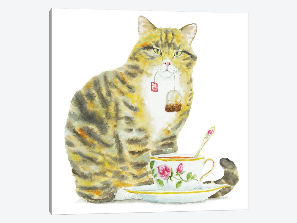 Tabby Cat And Tea by Alexey Dmitrievich Shmyrov 1-piece Canvas Print