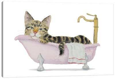 Tabby Cat Bath Time Canvas Art Print - Tabby Cat Art