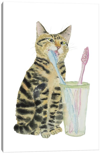 Tabby Cat Brushing Teeth Canvas Art Print - Tabby Cat Art