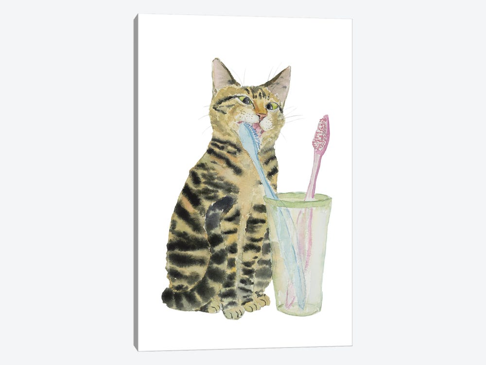 Tabby Cat Brushing Teeth by Alexey Dmitrievich Shmyrov 1-piece Canvas Print