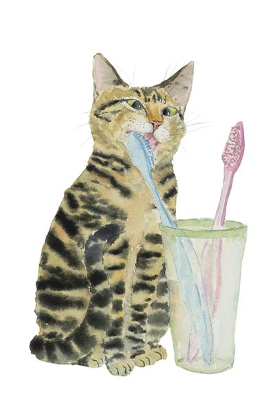 Bathroom Break: Tabby Cat Brushing Teeth by Alexey Dmitrievich Shmyrov