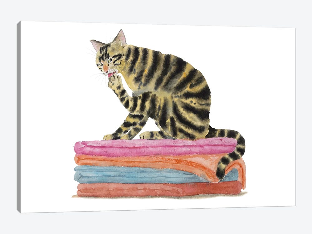 Tabby Cat On Bath Towels by Alexey Dmitrievich Shmyrov 1-piece Canvas Artwork