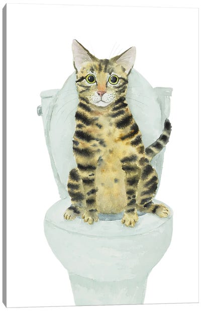 Tabby Cat Toilet Time Canvas Art Print - Bathroom Humor Art