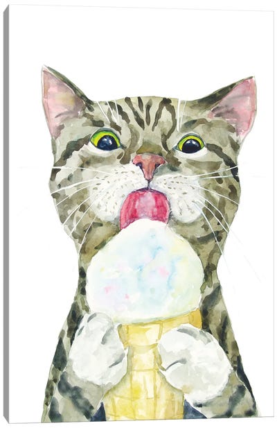 Tabby Cat With Ice Cream Canvas Art Print - Alexey Dmitrievich Shmyrov
