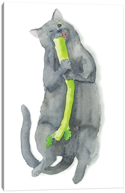 Cat And Celery Canvas Art Print - Alexey Dmitrievich Shmyrov
