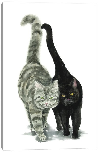 Black Cat And Tabby Cat Canvas Art Print - Tabby Cat Art