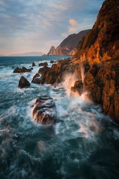 Alexander Sloutsky: Coastal Elegance - Sunset Reverie On Rugged Reefs by Alexander Sloutsky