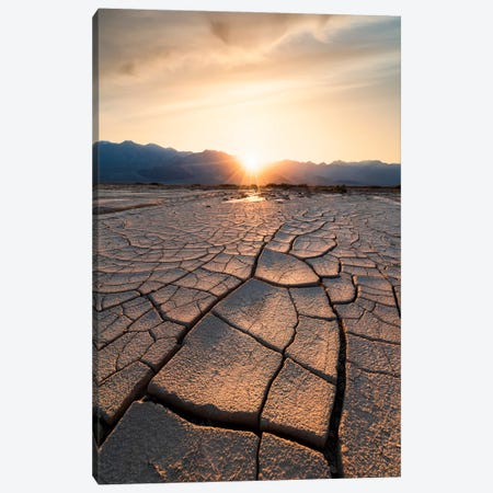 Sun Setting Beyond The Intricate Mud Cracks Of Death Valley Canvas Print #AXU13} by Alexander Sloutsky Canvas Print