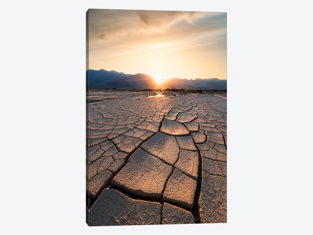 Sun Setting Beyond The Intricate Mud Cracks Of Death Valley by Alexander Sloutsky 1-piece Canvas Artwork