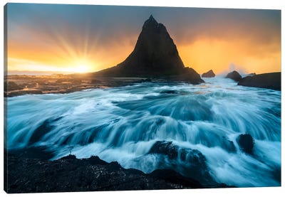 Coastal Drama - Waves Breaking Before Pelican Rock At Martin's Beach Canvas Art Print - Mountain Sunrise & Sunset Art