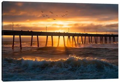 Waves Crashing At Pacifica Pier Canvas Art Print - Beach Sunrise & Sunset Art