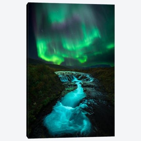 Aurora Above Bruarfoss In Iceland Canvas Print #AXU21} by Alexander Sloutsky Canvas Art