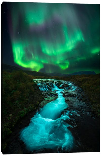 Aurora Above Bruarfoss In Iceland Canvas Art Print - Alexander Sloutsky