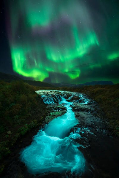 Iceland: Aurora Above Bruarfoss In Iceland by Alexander Sloutsky