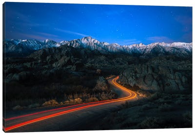 Starry Pathways - Car Trails From Alabama Hills To Snow-Capped Sierra Nevada Canvas Art Print - Alexander Sloutsky