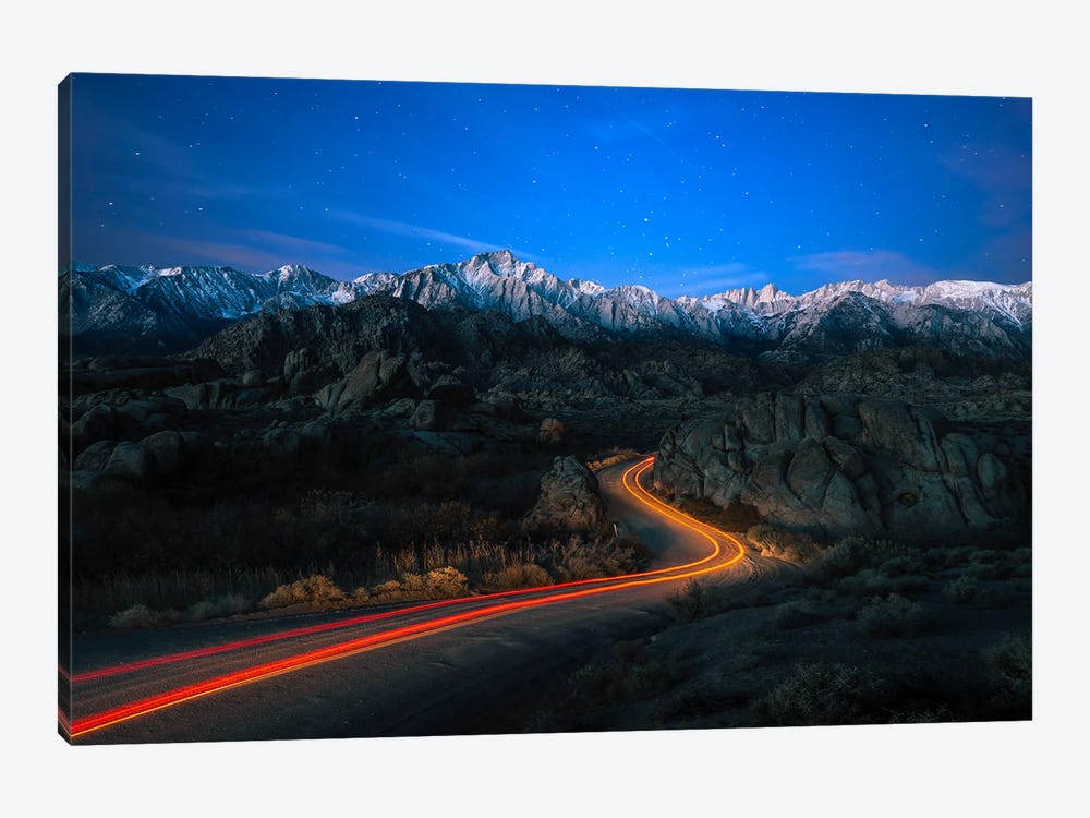 Starry Pathways - Car Trails From Alabama Hills To Snow-Capped Sierra Nevada by Alexander Sloutsky 1-piece Canvas Wall Art