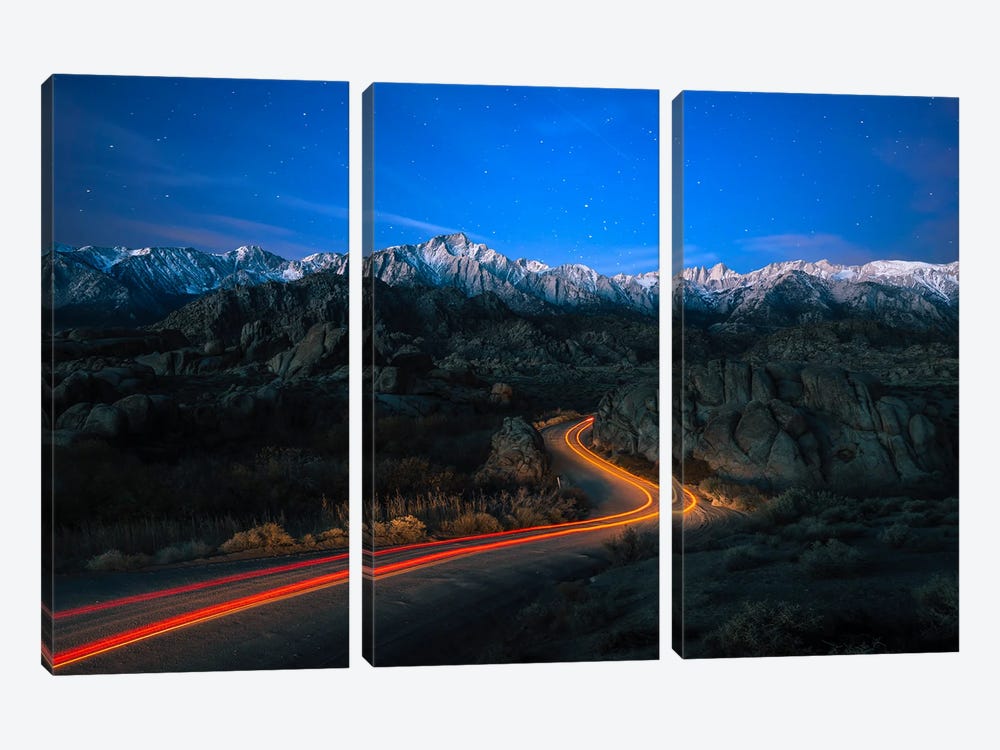Starry Pathways - Car Trails From Alabama Hills To Snow-Capped Sierra Nevada by Alexander Sloutsky 3-piece Canvas Art