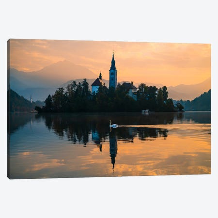 Swan's Graceful Glide At Lake Bled Canvas Print #AXU23} by Alexander Sloutsky Canvas Art
