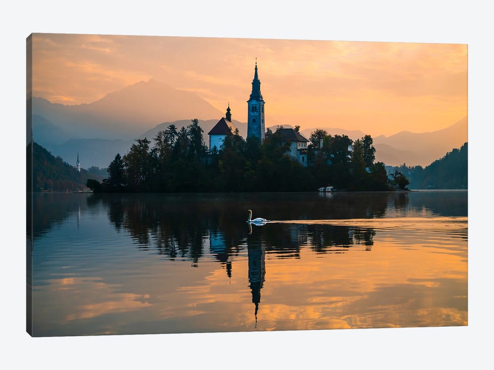Swan's Graceful Glide At Lake Bled by Alexander Sloutsky 1-piece Canvas Print