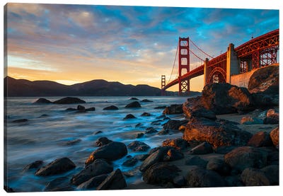Golden Gate's Grandeur - Sunset Bliss At Marshall's Beach Canvas Art Print - Famous Bridges