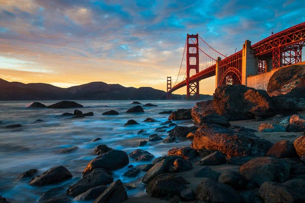 Golden Gate Bridge: Golden Gate's Grandeur - Sunset Bliss At Marshall's Beach by Alexander Sloutsky