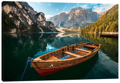 Boat A At Lago Di Braies Canvas Art Print - Alexander Sloutsky