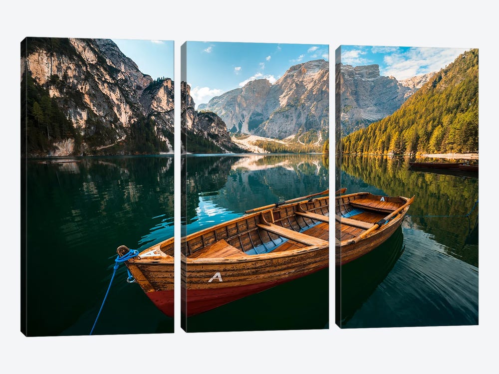 Boat A At Lago Di Braies by Alexander Sloutsky 3-piece Canvas Wall Art