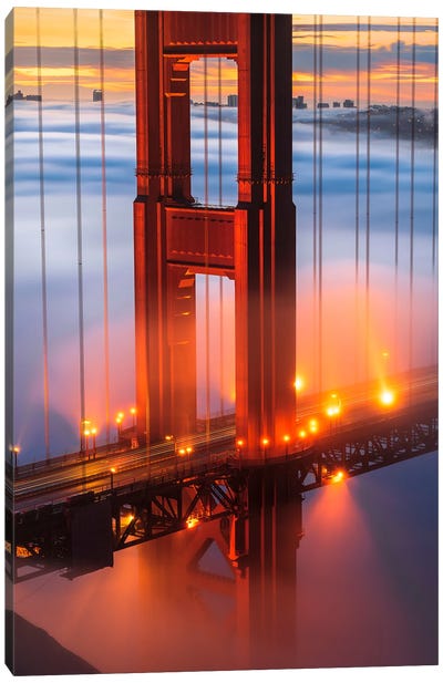 Golden Gate Bridge Embraced By Low Fog Canvas Art Print - Famous Bridges