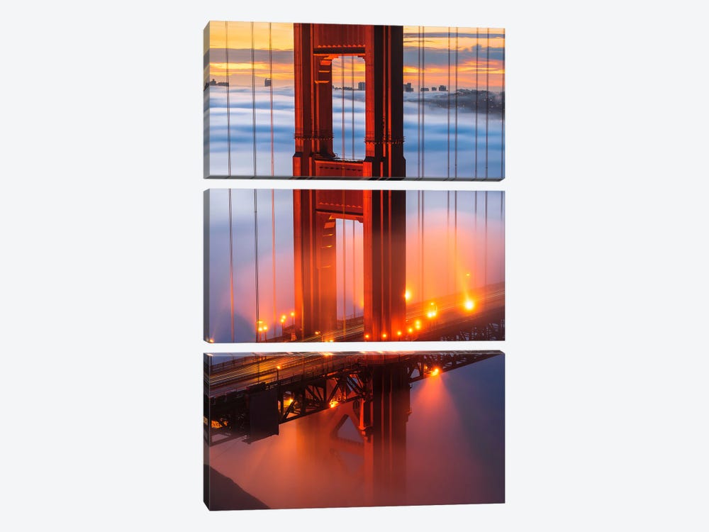 Golden Gate Bridge Embraced By Low Fog by Alexander Sloutsky 3-piece Canvas Print