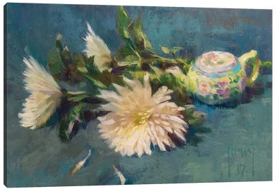 Green Tea And Chrysanthemums Canvas Art Print - Chrysanthemum Art