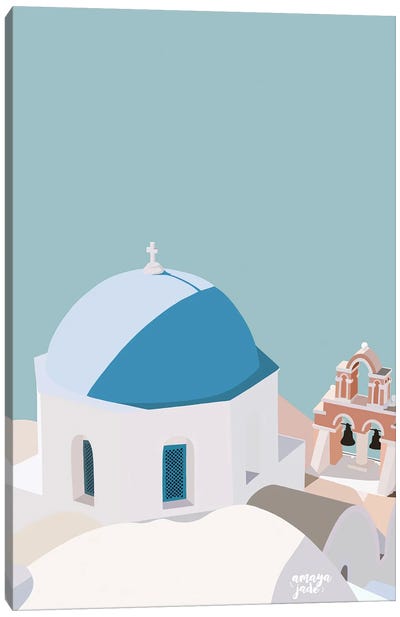 Santorini Blue Canvas Art Print - Blue Domed Church Santorini