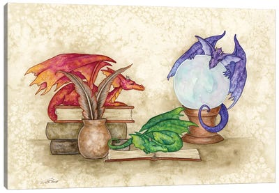 Dragons In The Library Canvas Art Print - Mythical Creature Art