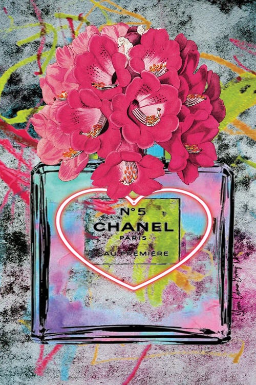 Framed Canvas Art (Champagne) - Graffiti Chanel II by Art by Choni ( Fashion > Hair & Beauty > Perfume Bottles art) - 26x18 in