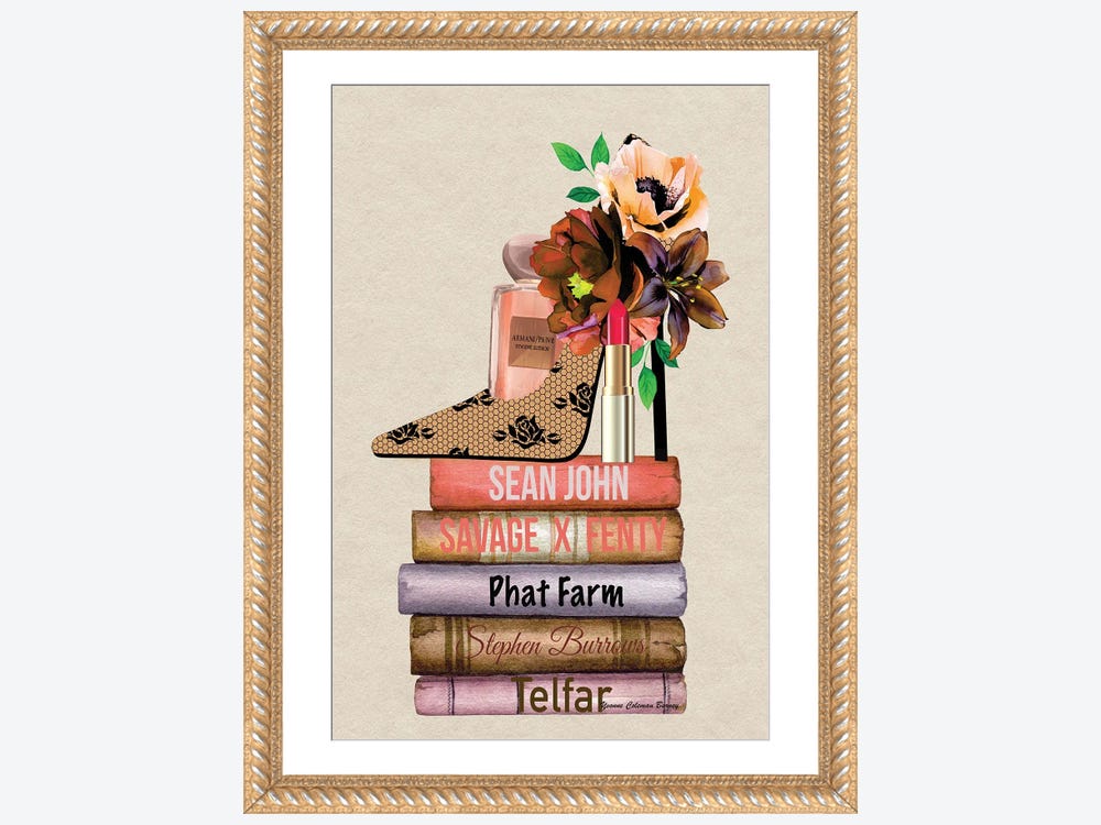 Framed Canvas Art (Gold Floating Frame) - Blush & Gold Books, Make Up Set and Roses by Amanda Greenwood ( Holiday & Seasonal > Classroom Wall Art >