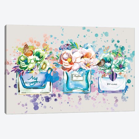 Perfume, Flowers, & Butterflies Blue Canvas Print #AYC38} by Art By Choni Canvas Art