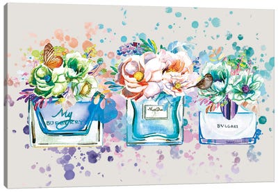 Perfume, Flowers, & Butterflies Blue Canvas Art Print - Art By Choni
