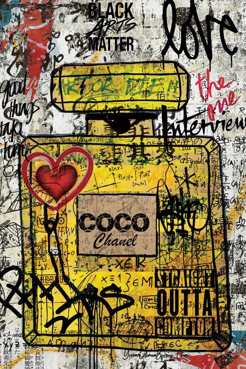 Framed Canvas Art (Champagne) - Coco Chanel by Art by Choni ( Fashion > Hair & Beauty > Perfume Bottles art) - 26x18 in