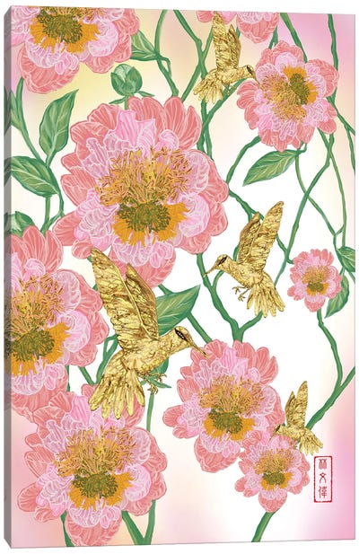 Peony & Gold Hummingbirds Canvas Art Print
