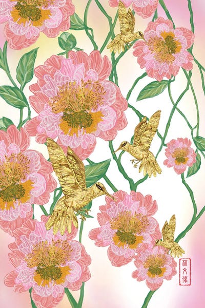 Anthony Van Lam: Peony & Gold Hummingbirds by Anthony Van Lam