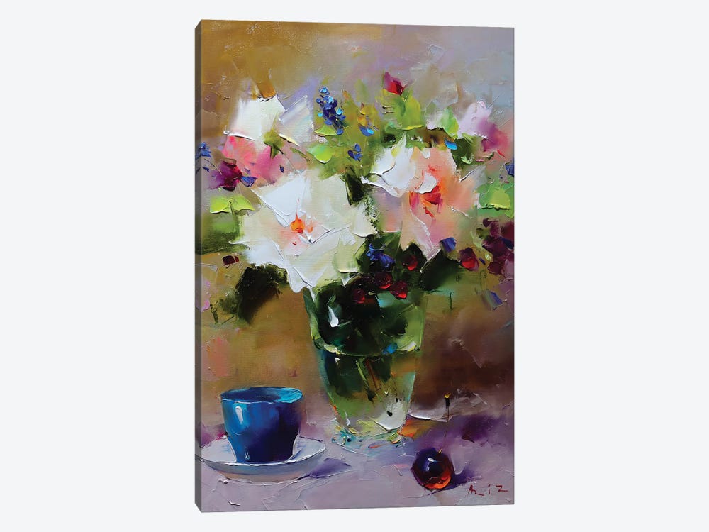 White Roses And Blue Cup by Aziz Sulaimanov 1-piece Art Print