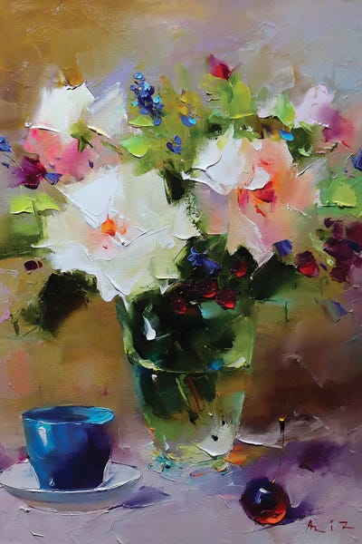 Aziz Sulaimanov: White Roses And Blue Cup by Aziz Sulaimanov