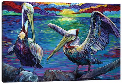 Two Pelicans At Sunset Canvas Art Print - Pelican Art