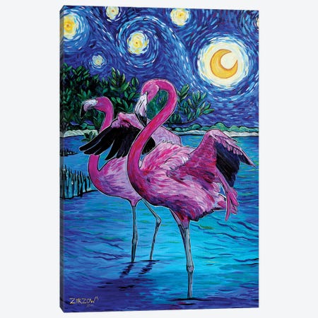 Flamingos In The Starry Night Canvas Print #AZW15} by Amanda Zirzow Art Print