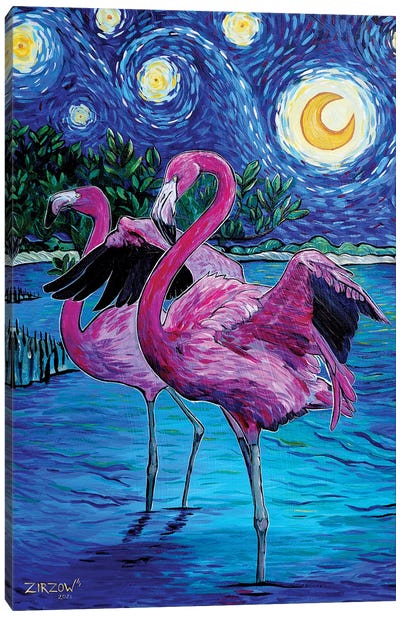Flamingos In The Starry Night Canvas Art Print - Flamingo Art