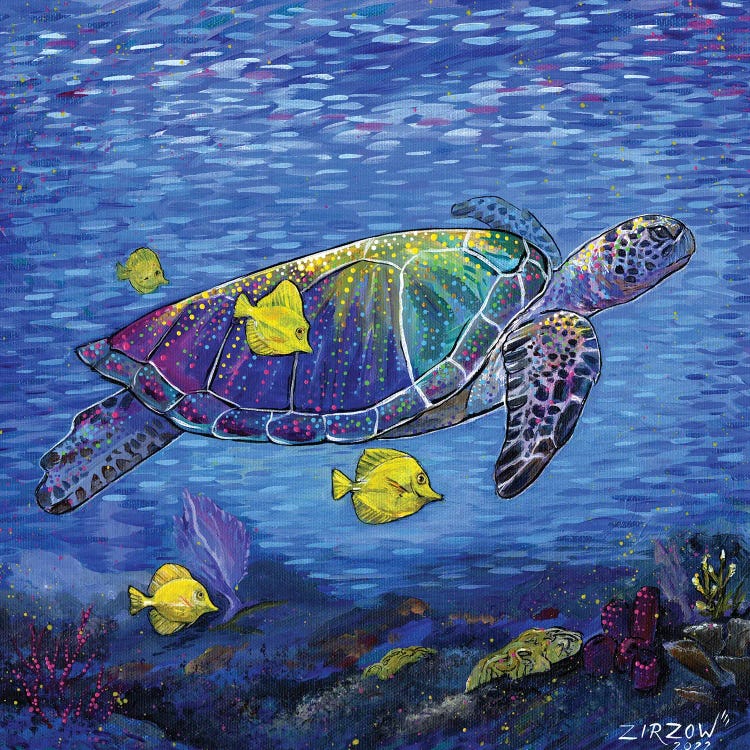 Tropical Drift (Vibrant Sea Turtle And Her Yellow Tang Fish)