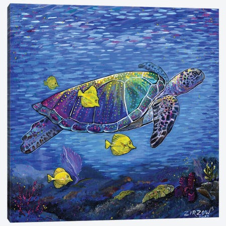 Tropical Drift (Vibrant Sea Turtle And Her Yellow Tang Fish) Canvas Print #AZW19} by Amanda Zirzow Canvas Art