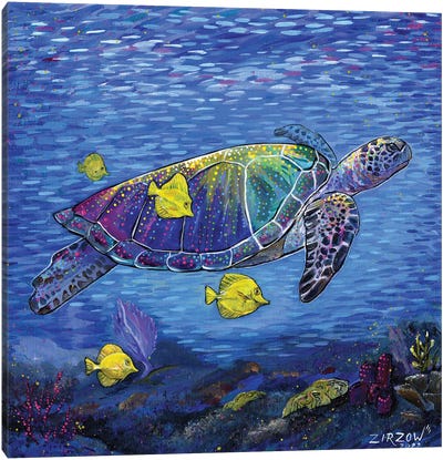 Tropical Drift (Vibrant Sea Turtle And Her Yellow Tang Fish) Canvas Art Print - Amanda Zirzow